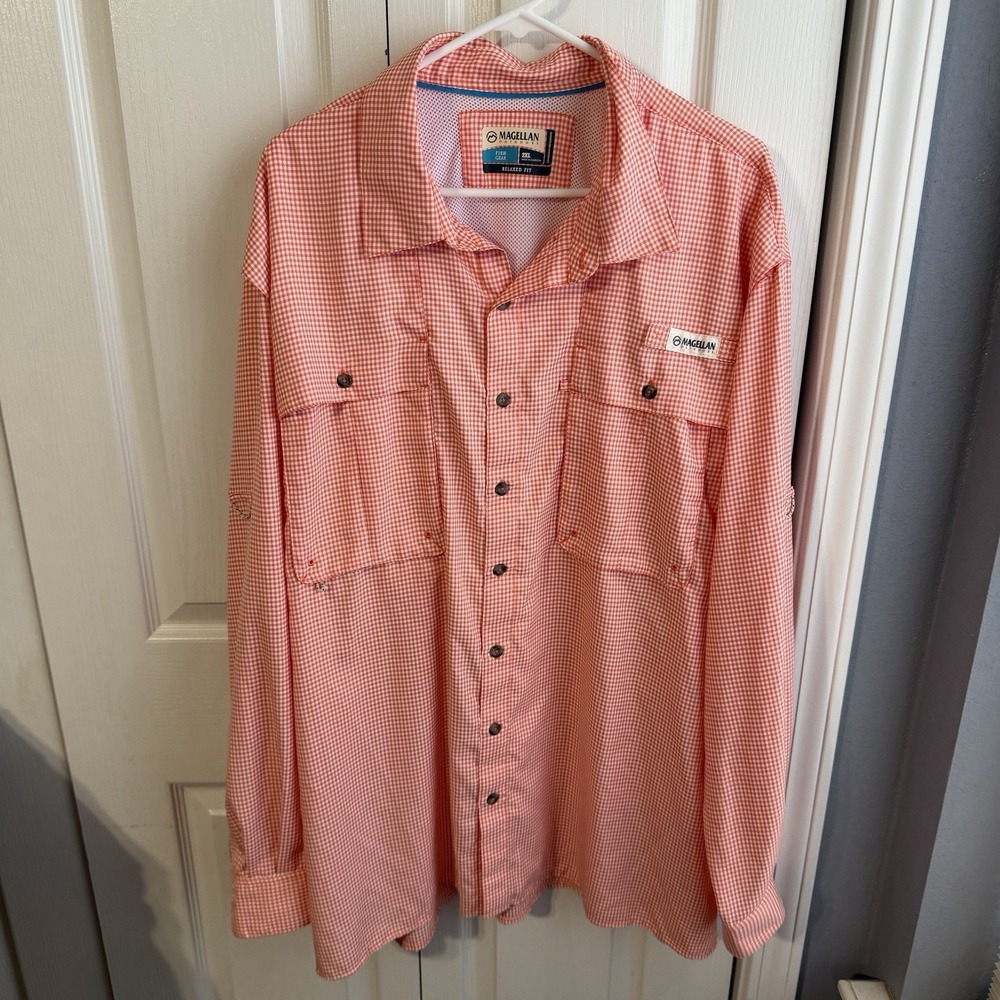 Magellan Outdoors Orange White Plaid Long Sleeve Fish Gear Men's Size 2XL